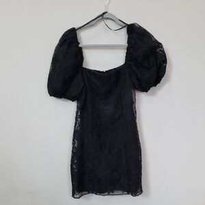 She + Sky Sheer Black Lace Puff Sleeve Dress Womens S Formal Black Tie Milkmaid